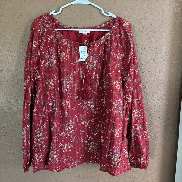Style & Co Tops - Style & Co Merlot Red Floral Metallic Stripe Tassel Peasant Blouse XL